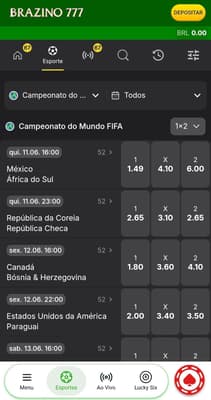 Captura de tela da Brazino777 na página das apostas na Copa do Mundo exibindo os jogos disponíveis para palpitar no pré-jogo.