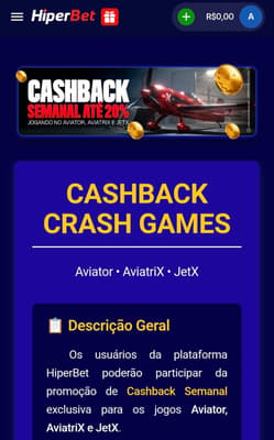 Captura de tela do Cashback de até 20% válido após se registrar com o código Hiperbet na casa de apostas.