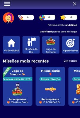 Captura de tela das missões recentes na Hiperbet ativas na seção Hiper Missões.