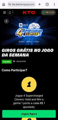 Captura de tela da KTO exibindo a promoção do Jogo da Semana com rodadas grátis no cassino.
