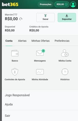 Captura de tela da seção de menu de usuário com os botões de banco, mensagens e configurações da conta na bet365.