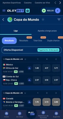 Captura de tela da Oleybet com os mercados de apostas ativos para a Copa do Mundo de 2026.
