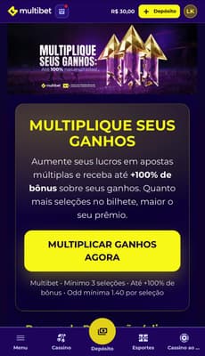 Captura de tela mostra a promoção de bônus em apostas múltiplas na plataforma de 5 reais Multibet.