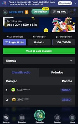 Captura de tela do torneio semanal que vale bônus na GeralBet.