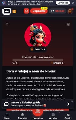 Captura de tela do programa de recompensas LiderVIP da LiderBet.