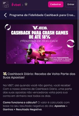 Captura de tela da promoção com cashbask em crash games na Vbet.