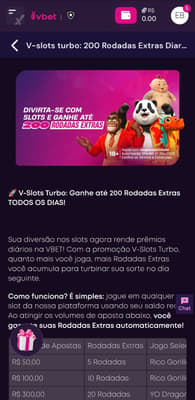 Captura de tela da Vbet, um novo cassino online no Brasil com a promoção V-slots turbo com até 200 rodadas grátis.