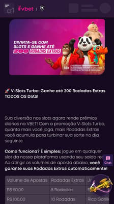 Captura de tela da Vbet exibindo a promoção V-slots Turbo com prêmios de até 200 rodadas grátis por dia.