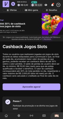 Captura de tela da Vupi exibindo o cashback de até 30% nos jogos slots do catálogo do novo cassino.