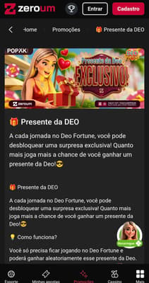 Captura de tela da Zeroum bet, um novo cassino online no Brasil exibindo a seção de promoções.