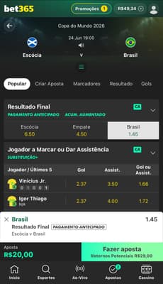 Captura de tela mostra o bilhete de apostas na Copa do Mundo na bet365.
