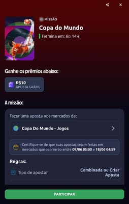 Captura de tela da promoção de Missão Copa do Mundo na Betano.