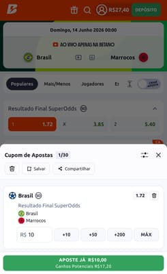 Captura da tela de aposta da Betano na Copa do Mundo 2026.