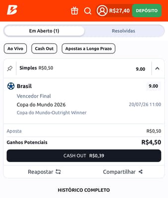 Captura da tela de Cash Out na Copa do Mundo na Betano.