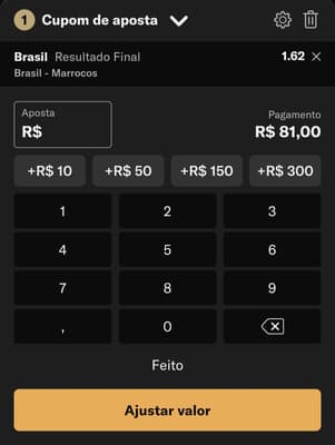Captura de tela da BetMGM exibindo um bilhete de apostas na Copa do Mundo no jogo entre Brasil e Marrocos.