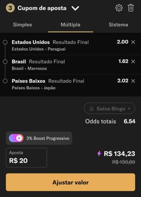 Captura de tela de um bilhete de apostas da BetMGM na Copa do Mundo de 2026 exibindo seleções múltiplas e o aumento do potencial retorno com o Boost progressivo.