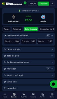 Captura de tela mostra as opções de Criar Aposta no Brasileirão no site da BR4BET.