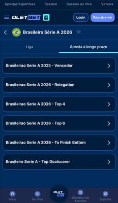 Captura da tela de apostas de longo prazo no Brasileirão na Oleybet.