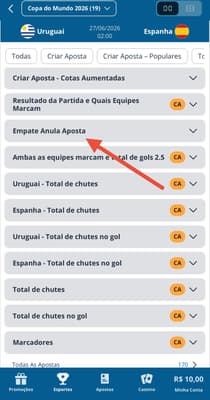 Captura de tela mostra onde encontrar o Empate Anula Aposta na Sportingbet.
