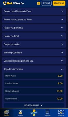 Captura da tela com apostas a longo prazo na Bet Dá Sorte com favoritos para a Copa do Mundo 2026.