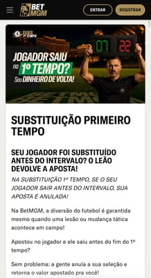 Captura de tela da promoção Substituição Primeiro Tempo na BetMGM.