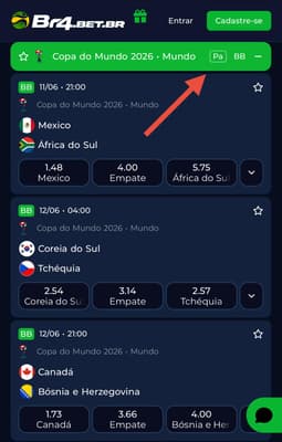 Captura de tela mostra o Pagamento Antecipado em apostas envolvendo favoritos para a Copa do Mundo 2026 na Br4bet.