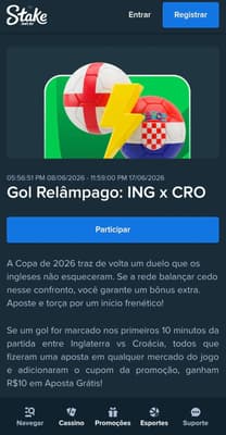Captura de tela da oferta Gol Relâmpago da Stake para a Copa do Mundo de 2026.