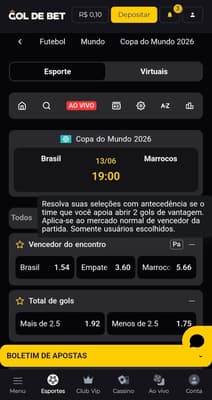 Captura de tela da Gol de Bet exibindo o recurso de pagamento antecipado em um dos jogos do Brasil na Copa do Mundo.