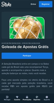 Captura de tela da oferta Goleada de Apostas na Stake com os detalhes para usar na Copa do Mundo.