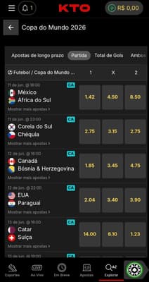 Captura de tela da seção de apostas na Copa do Mundo na KTO, exibindo agenda de jogos e odds.