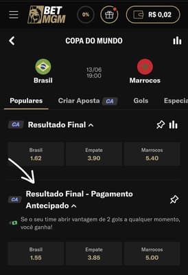 Captura de tela do jogo entre Brasil e Marrocos pela Copa do Mundo na BetMGM com Pagamento Antecipado disponível no mercado 1x2.