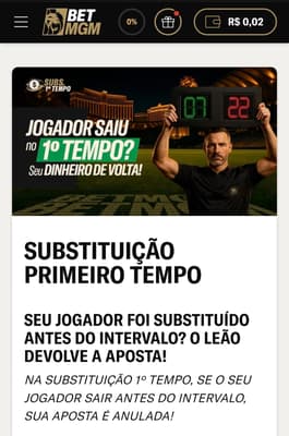 Captura de tela da oferta Substituição Priemeiro Tempo exibindo o card da promoção e detalhes do funcionamento na BetMGM.