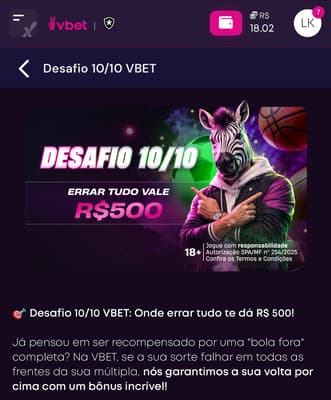 Captura de tela da promoção Desafio 10/10, uma exclusividade da Vbet.