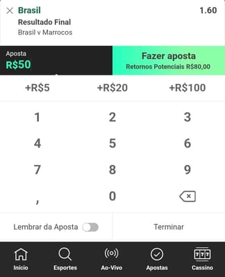 Captura de tela da bet365 exibindo um cupom de apostas feita após um depósito via Pix.