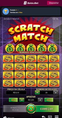 Captura de tela exibindo uma sessão de apostas no Scratch Match no cassino da Bateubet.,