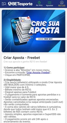 Captura de tela da promoção com o Criar Aposta na plataforma nova BETesporte.