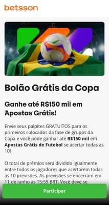 Captura de tela do Bolão Grátis da Betsson para a Copa do Mundo de 2026.