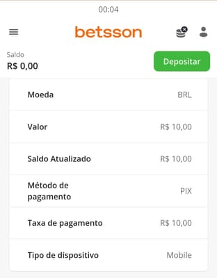 Captura de tela do comprovante de um depósito na Betsson, uma das principais plataformas de 10 reais do Brasil.