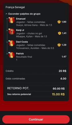 Captura de tela do bilhete de palpites no Passa a Bola da Superbet com as seleções escolhidas para o jogo entre França e Senegal.