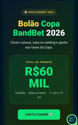 Captura de tela do Bolão Copa BandBet 2026 com prêmios de até R$60.000