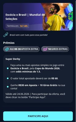 Captura de tela da promoção Escócia x Brasil | Mundial de Seleções ativa na Novibet com freebet para o jogo do dia 24/06/2026 na Copa do Mundo.