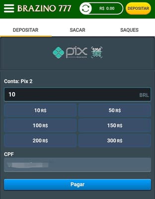 aptura de tela do menu de pagamentos da Brazino777 com os botões de depósito e saque na plataforma de 10 reais.