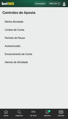 Captura da tela de controles de aposta na bet365.