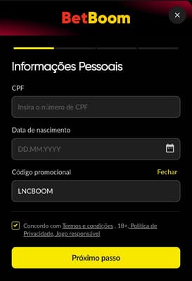 Captura de tela do formulário de cadastro na BetBoom.