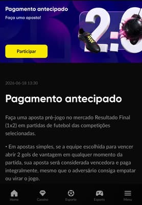 Captura de tela do Pagamento Antecipado na BetBoom.