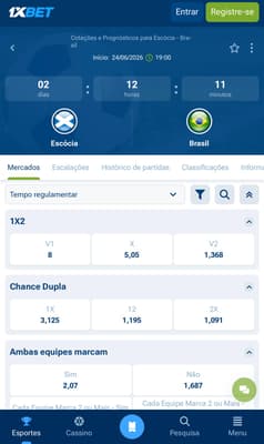 Captura de tela da página de esportes da 1xBet.