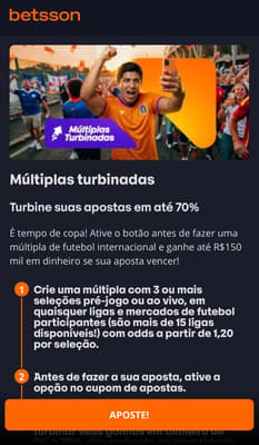 Captura de tela da promoção Múltiplas Turbinadas na Betsson, uma das melhores casas de apostas do Brasil.