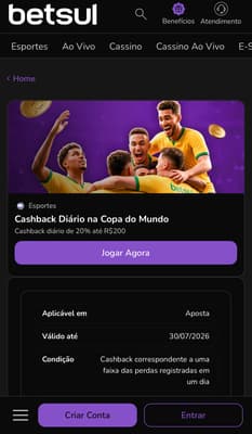 Captura da tela do Cashback Diário na Betsul.