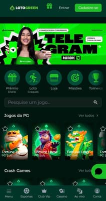Captura de tela da página inicial da Lotogreen exibindo o link de acesso ao grupo de Telegram da marca.