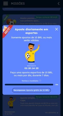 Captura de tela da Oleybet exibindo as missões e desafios com recompensas de apostas grátis.